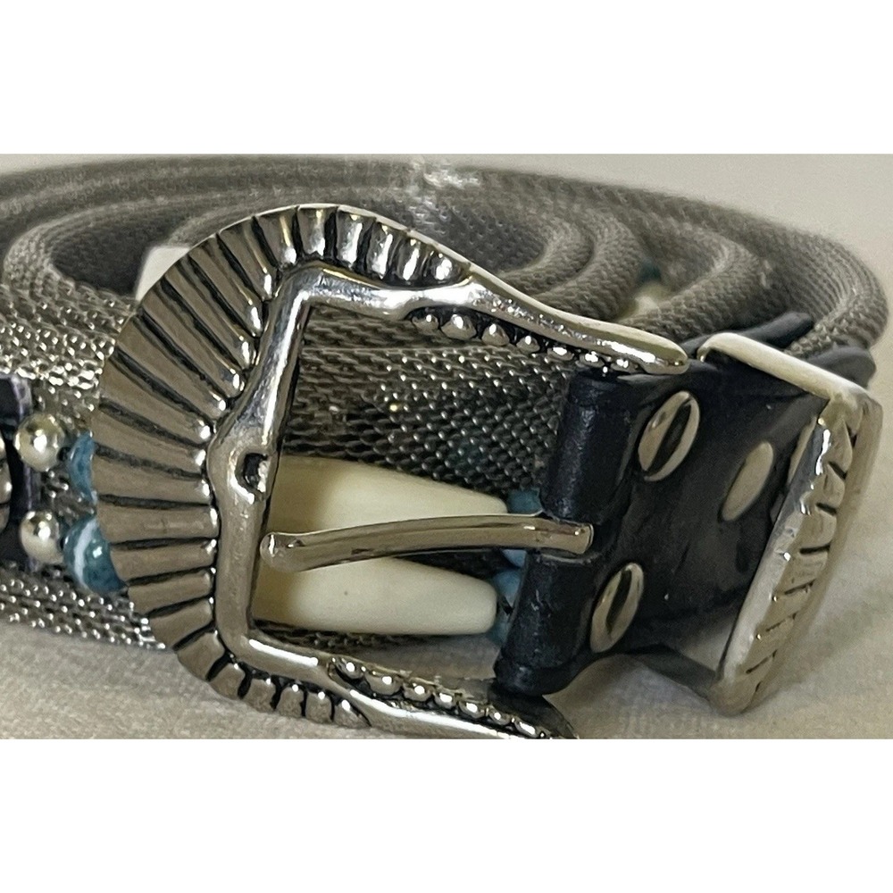 Vintage‎ Silver Tone Mesh Belt Turquoise Bead Western Boho Statement Belt AS IS
